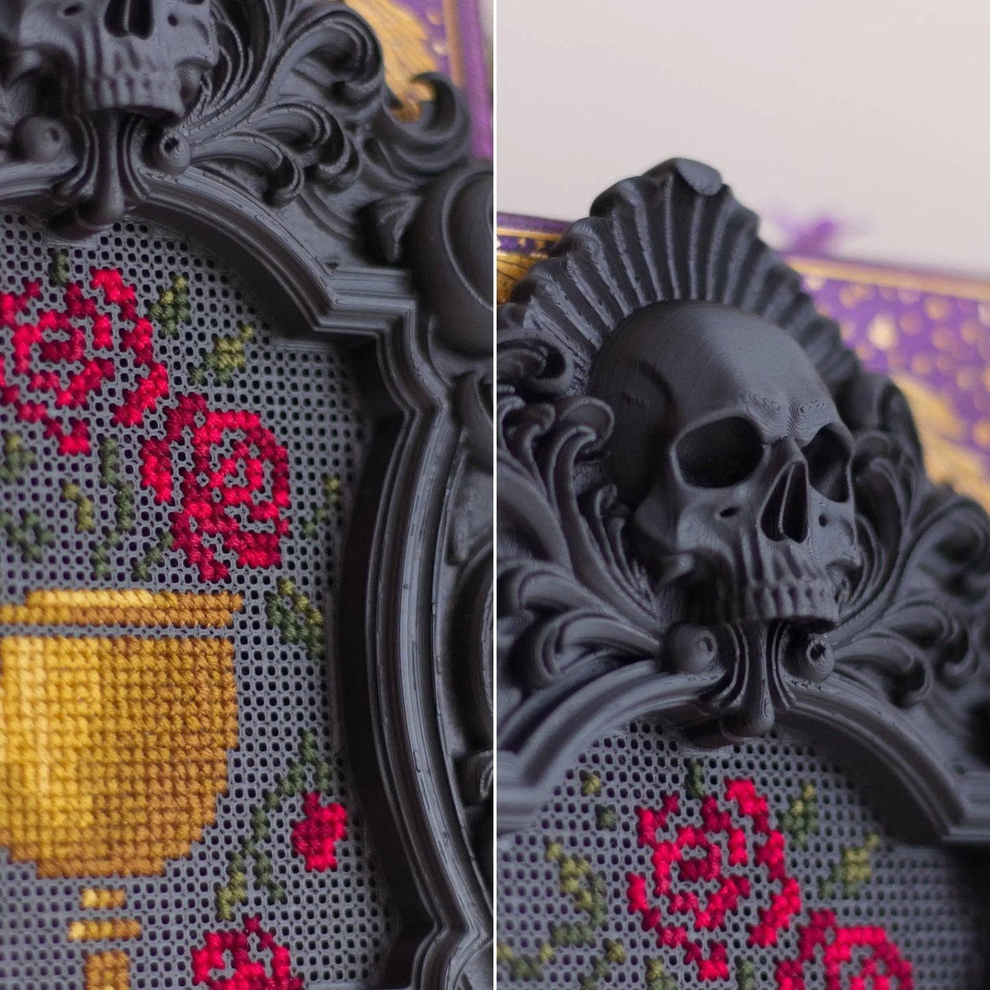 Close-up of gothic cross stitch frame with skull detail and floral chalice embroidery showing perforated stitching grid