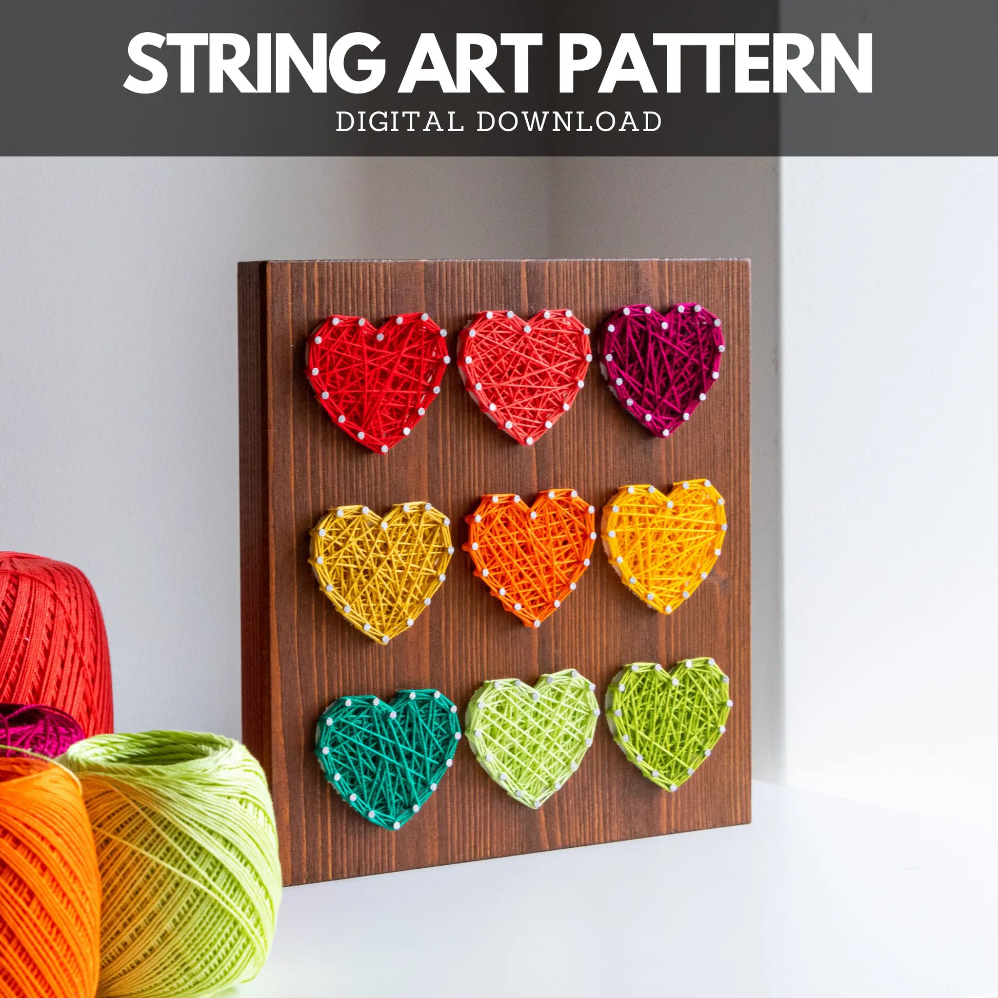 Heart string art pattern design on a wooden board featuring multiple heart shapes. A DIY craft project, perfect for home decor, made using nails and string. Available as a digital download for easy crafting.