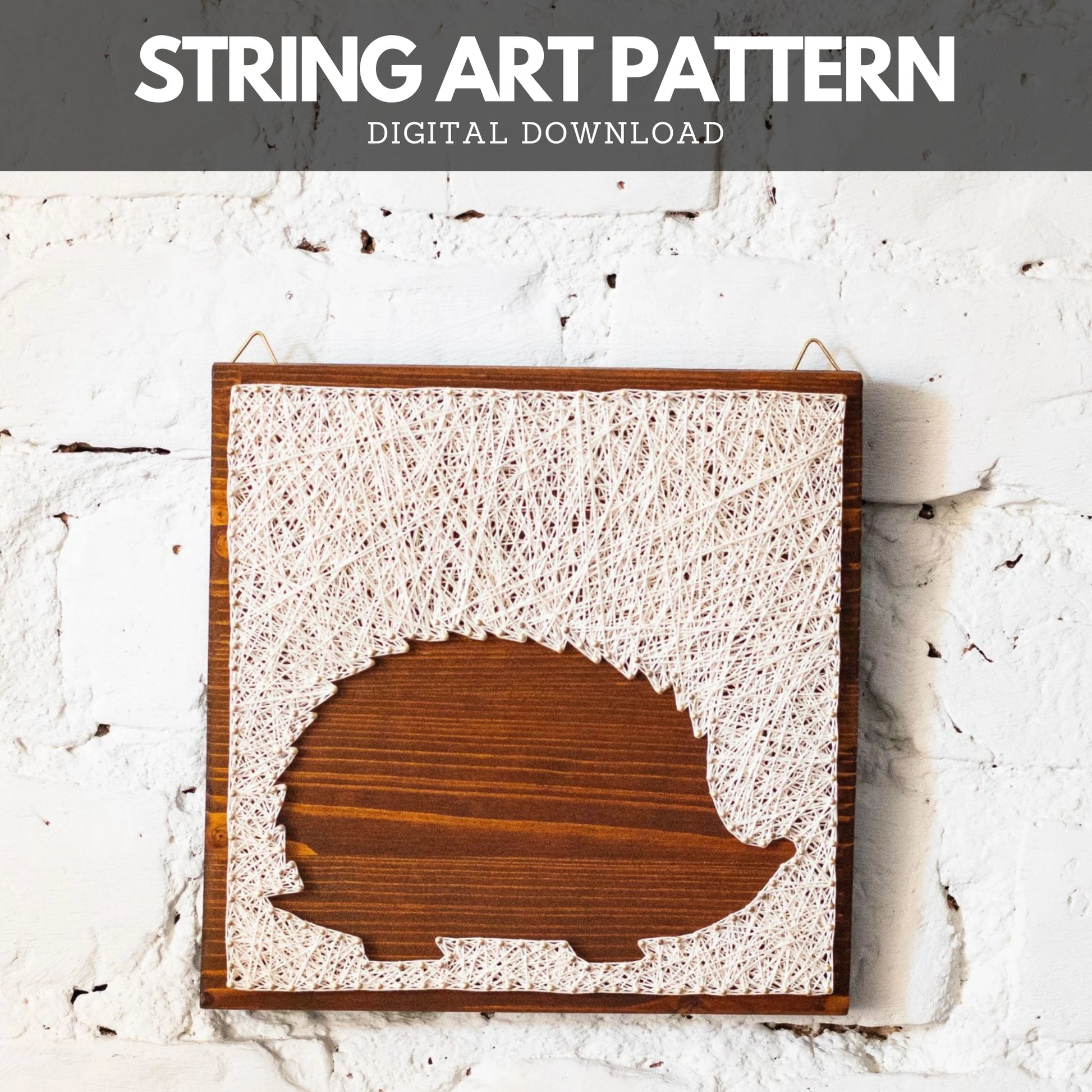 Hedgehog silhouette string art pattern on a wooden base with ivory thread, designed for beginners. Available as a digital download for easy, DIY home decor.