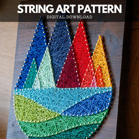 Colorful mountain string art featuring a vibrant mountain range design with a digital download option for crafting enthusiasts.
