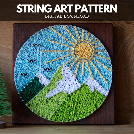 Round mountains string art pattern featuring a vibrant sun, mountains, and sky design, created with colorful thread on a wooden base. Perfect for beginners as a digital download.