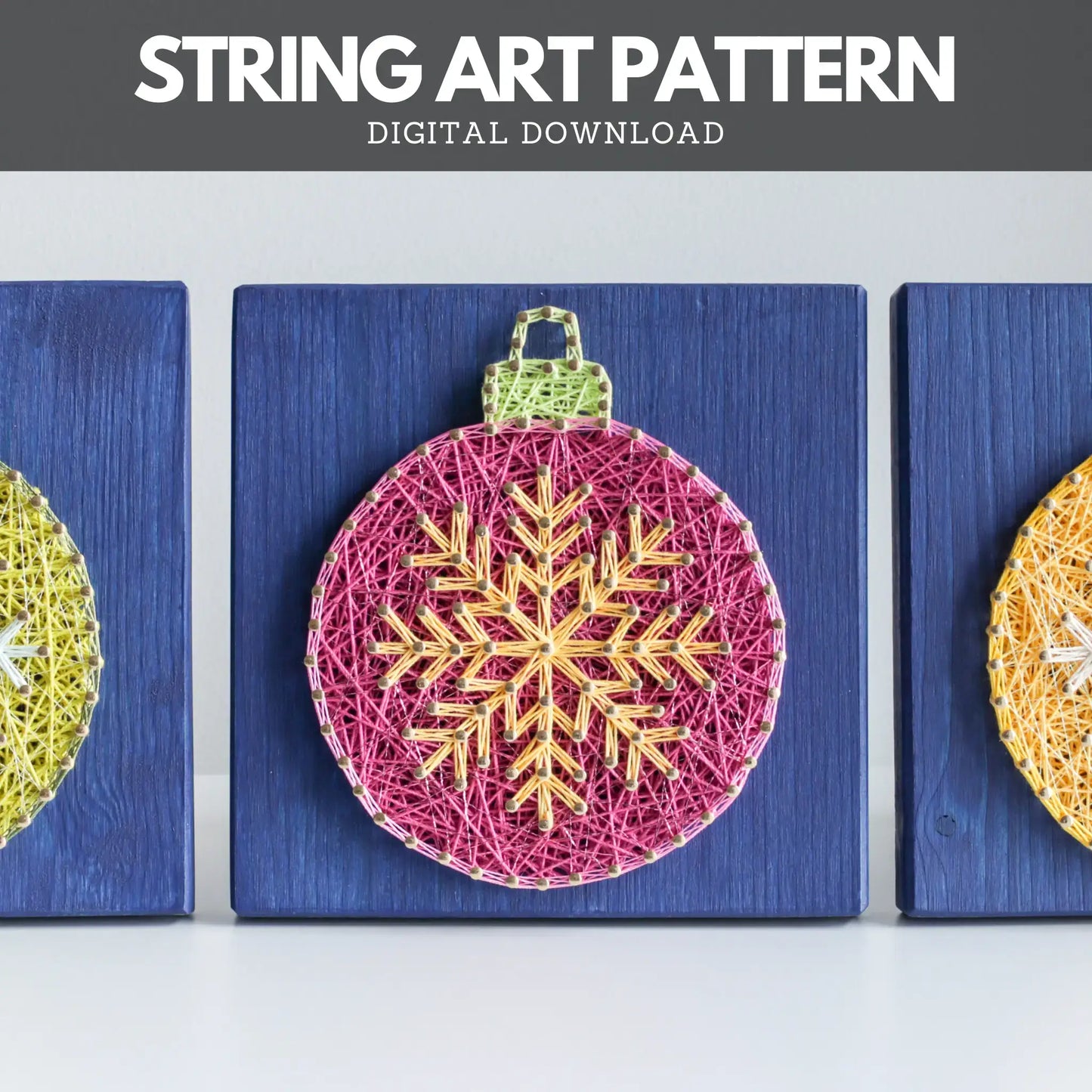 Set of colorful ornament string art designs on blue boards, digital Christmas pattern examples with 'String Art Pattern Digital Download' text above.