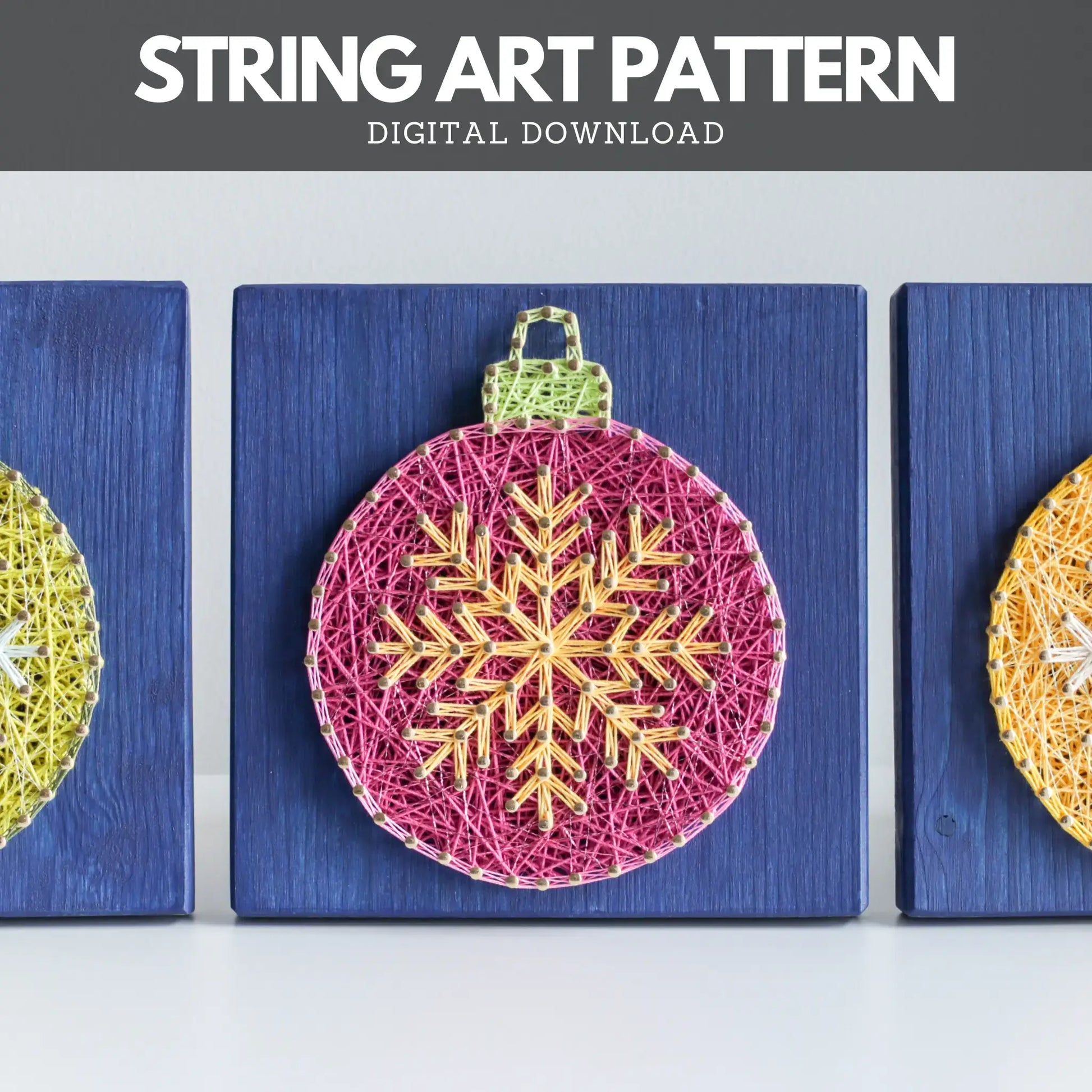 Set of colorful ornament string art designs on blue boards, digital Christmas pattern examples with 'String Art Pattern Digital Download' text above.