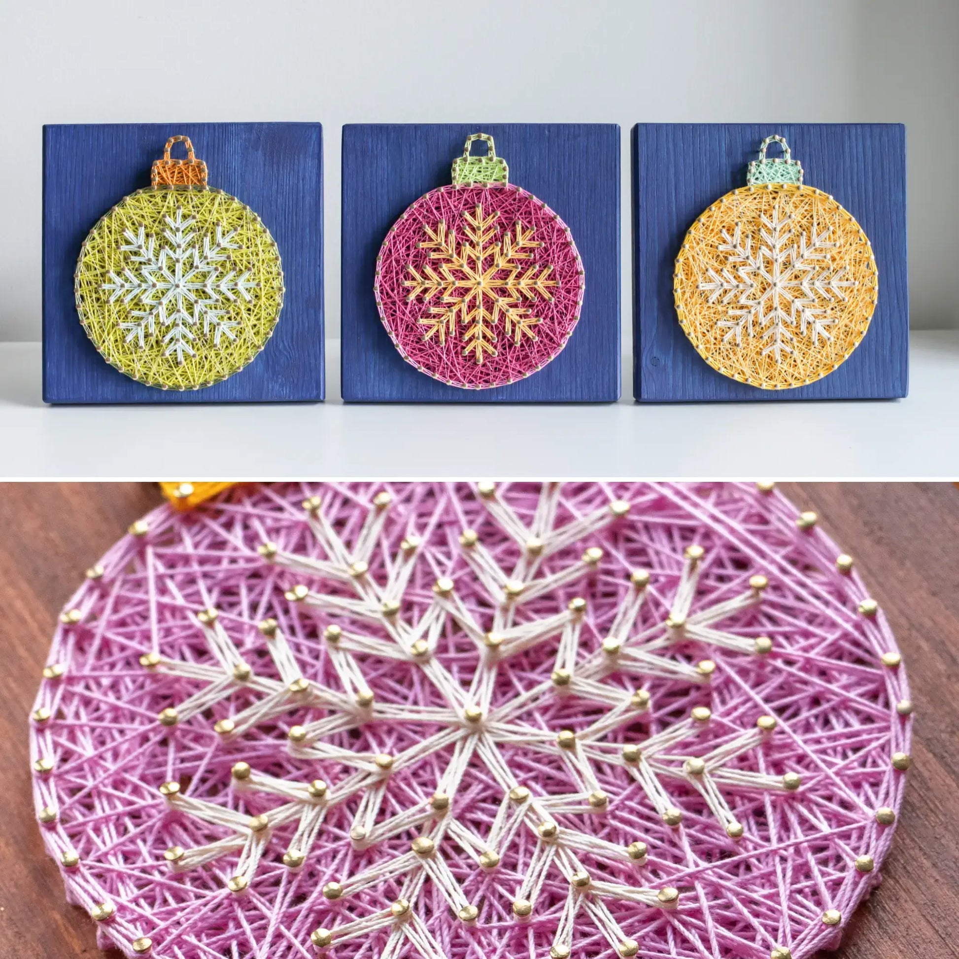 Close-up of pink ornament string art pattern with snowflake design, detailed thread work.