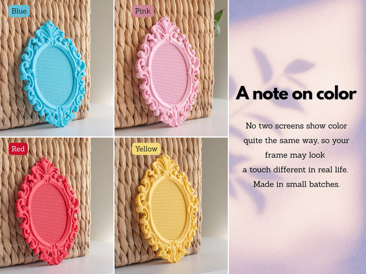 Ornate oval cross stitch frames in blue, pink, red, and yellow, shown against a woven background with the stitchable grid visible, beside a note about color varying between screens.