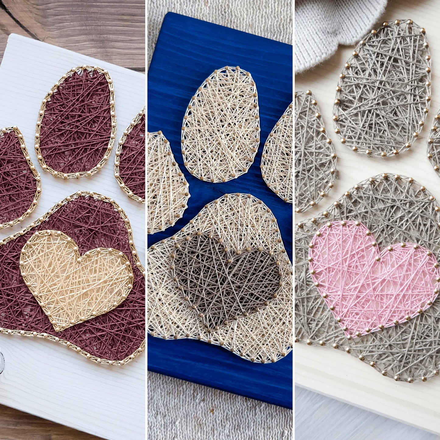 Collage showcasing variations of dog paw string art patterns, including different thread colors and heart designs for crafting inspiration.