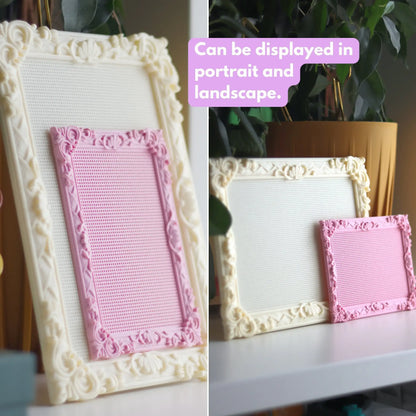 Cream and pink stitchable cross stitch frames shown in both portrait and landscape orientation, demonstrating how the frames can be displayed either way.