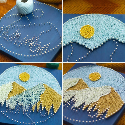 Collage showing stages of the round mountain string art kit, including nails hammered into a blue wood base, string wrapped around the sun, and layered mountain peaks being filled with thread.