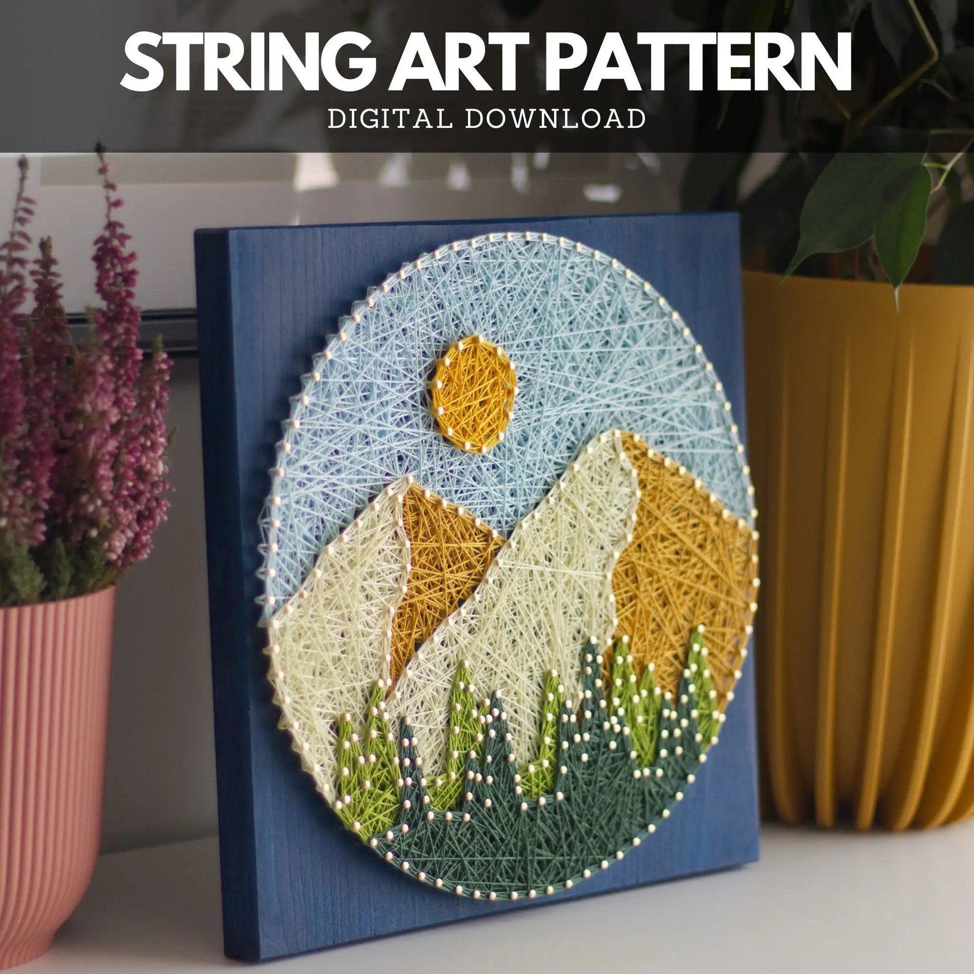 Round mountain string art design shown on a blue wood base with text overlay indicating digital download pattern.