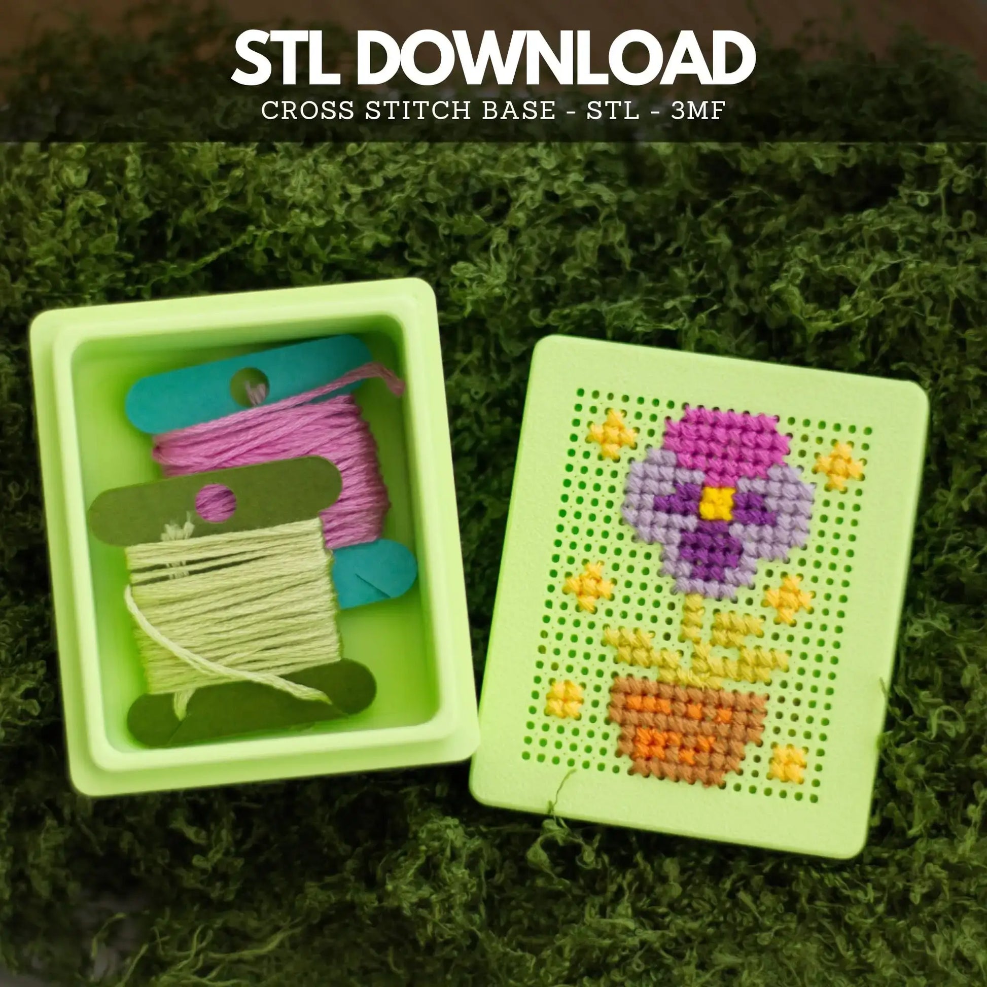 Two light green 3D-printed cross stitch boxes on a mossy background, one open to show embroidery floss and thread spools, the other closed with a purple flower and pot design stitched into the perforated lid. Text above reads STL Download and Cross Stitch Base - STL - 3MF.