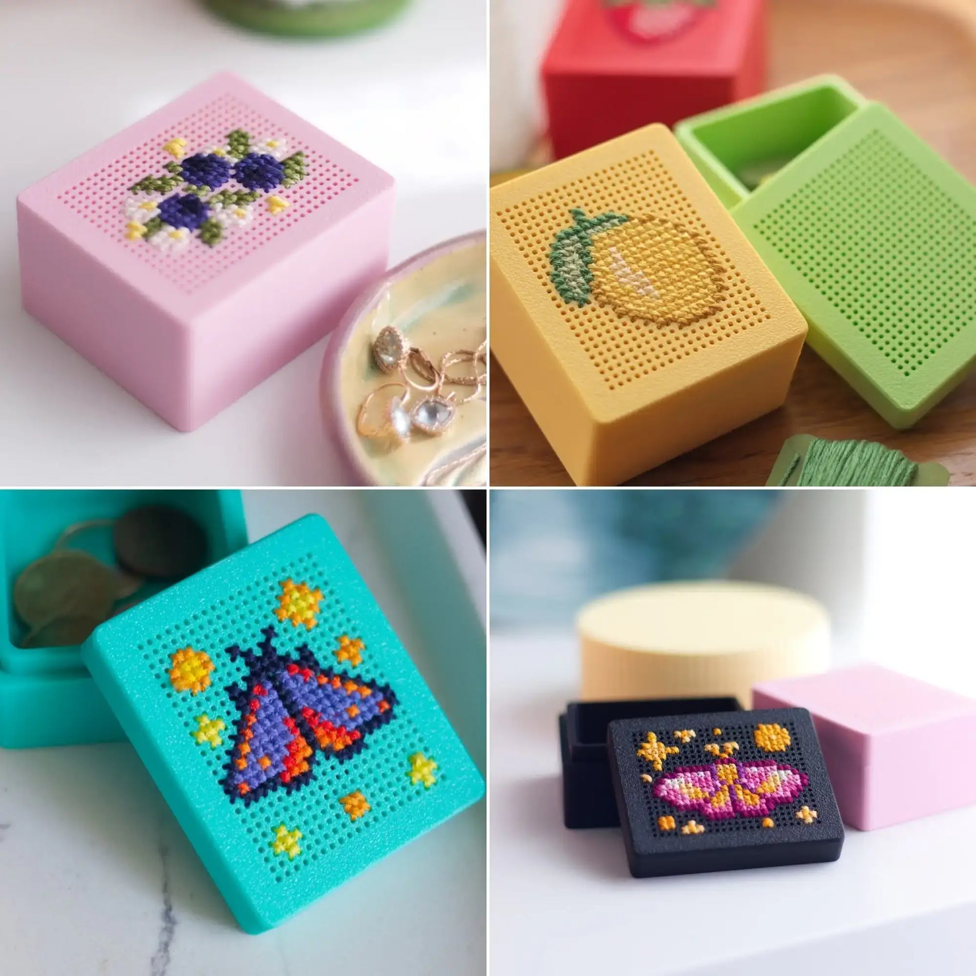 Four-panel collage of 3D-printed cross stitch boxes in pink, yellow, green, turquoise, black, and red, each with a floral or moth design stitched into the perforated lid, shown open and closed in styled tabletop settings.