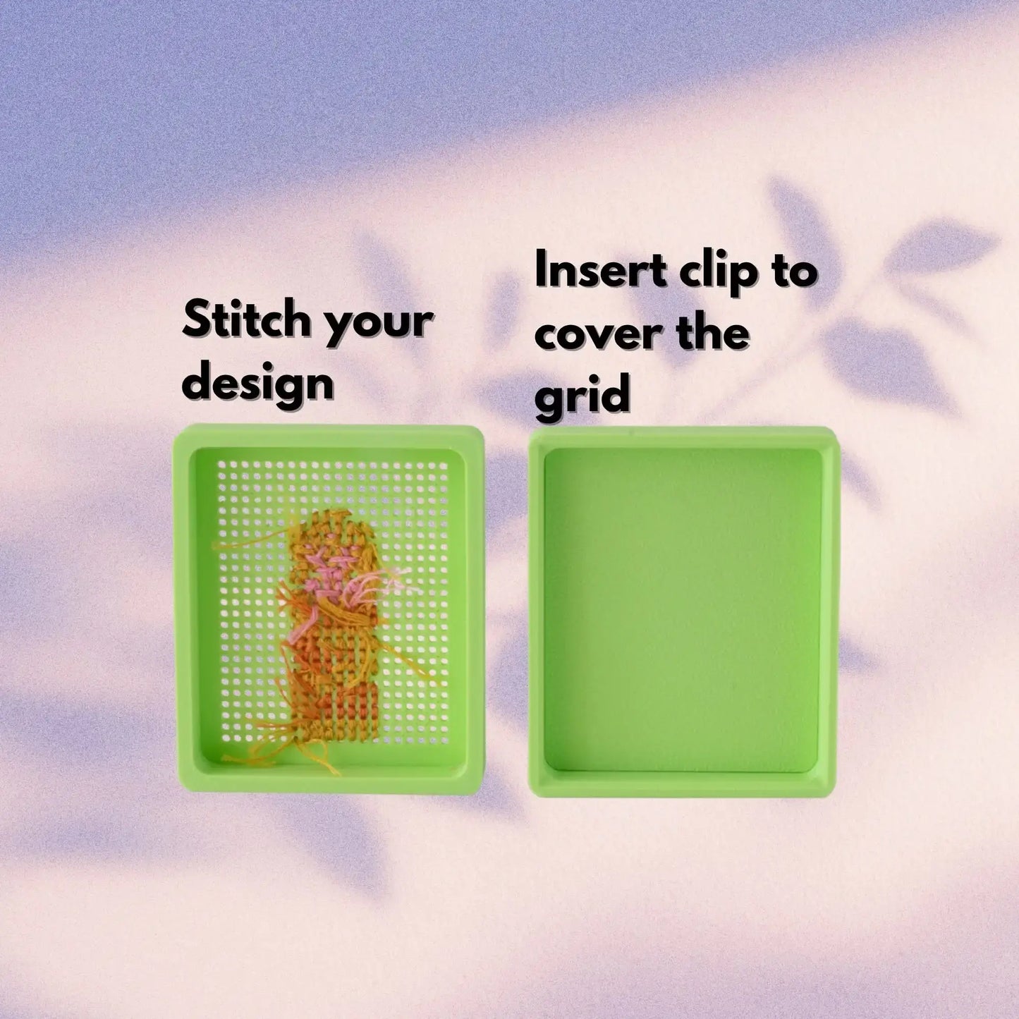 Two light green 3D-printed cross stitch box pieces side by side: the stitchable lid with a design partly stitched into the perforated grid, and the clip-in cover that slots inside to hide the grid and thread ends. Text reads Stitch your design, Insert clip to cover the grid.