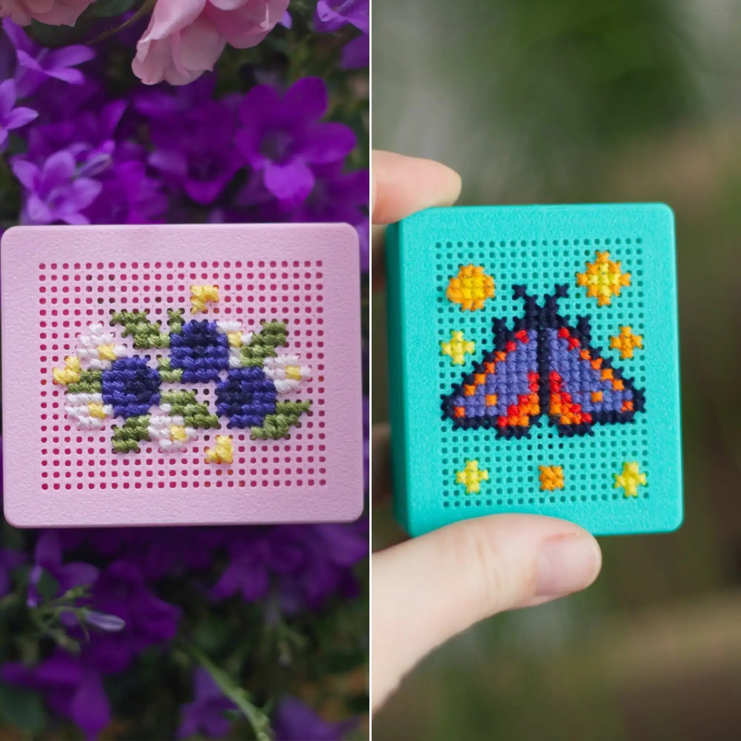 Two finished 3D-printed cross stitch boxes: a pink box with a blue and green floral design stitched into the lid, shown against purple flowers, and a teal box with a purple and orange moth design, held in hand outdoors.
