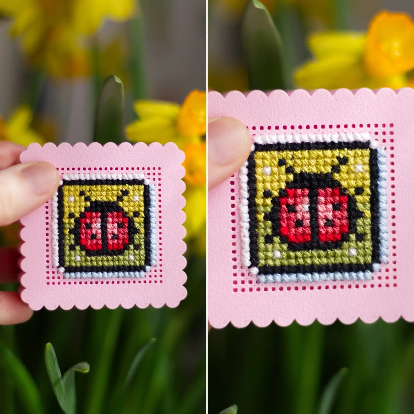 Hand holding pink mini cross stitch box with ladybug embroidery and close-up detail of completed design