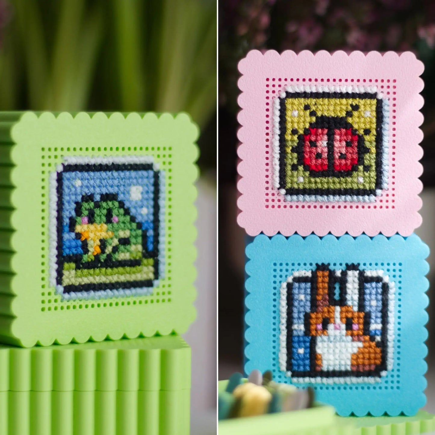 Mini cross stitch boxes displaying completed embroidery designs on perforated lids for small keepsake boxes and gifts