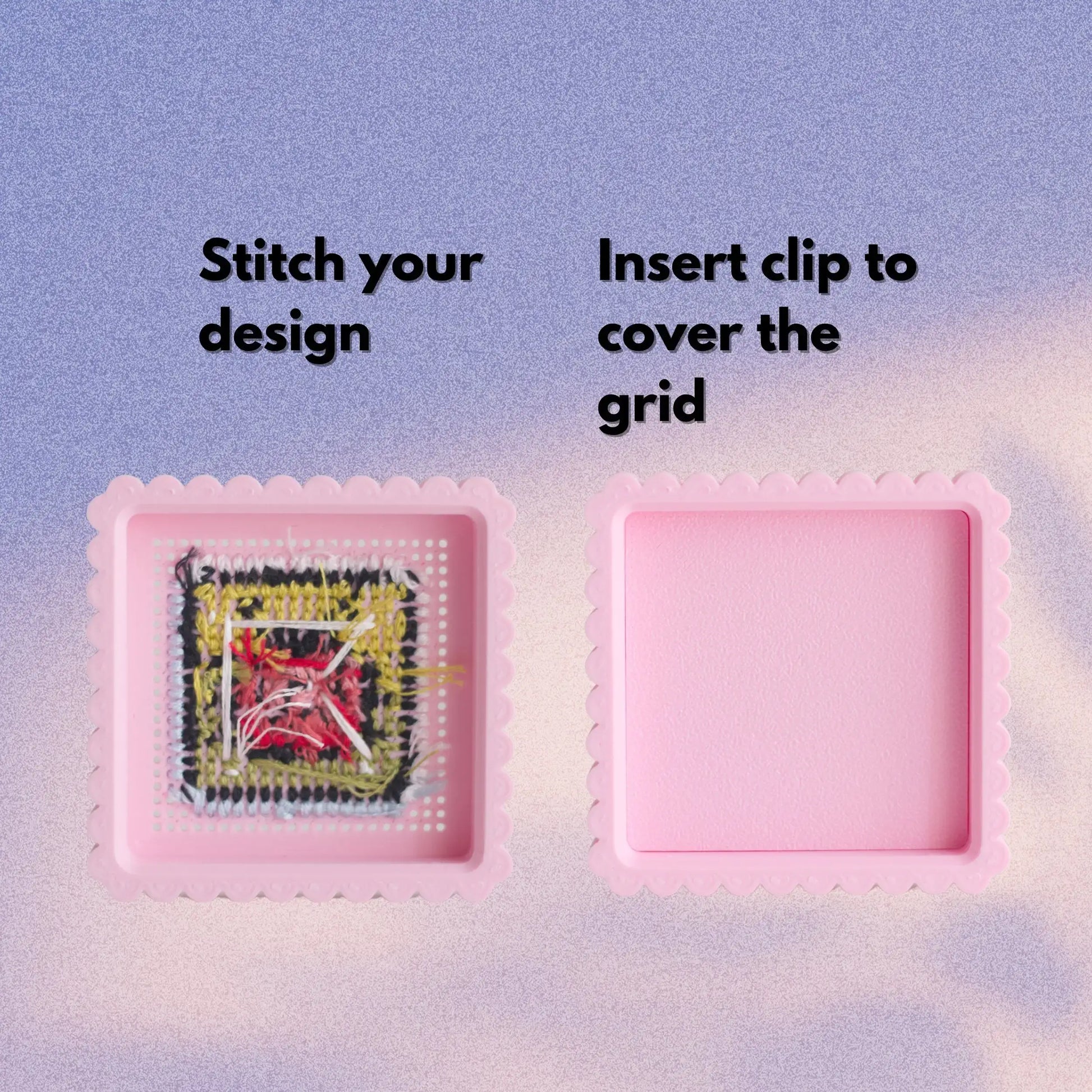 Mini embroidery box lids showing completed cross stitch design and removable clip for hiding thread ends