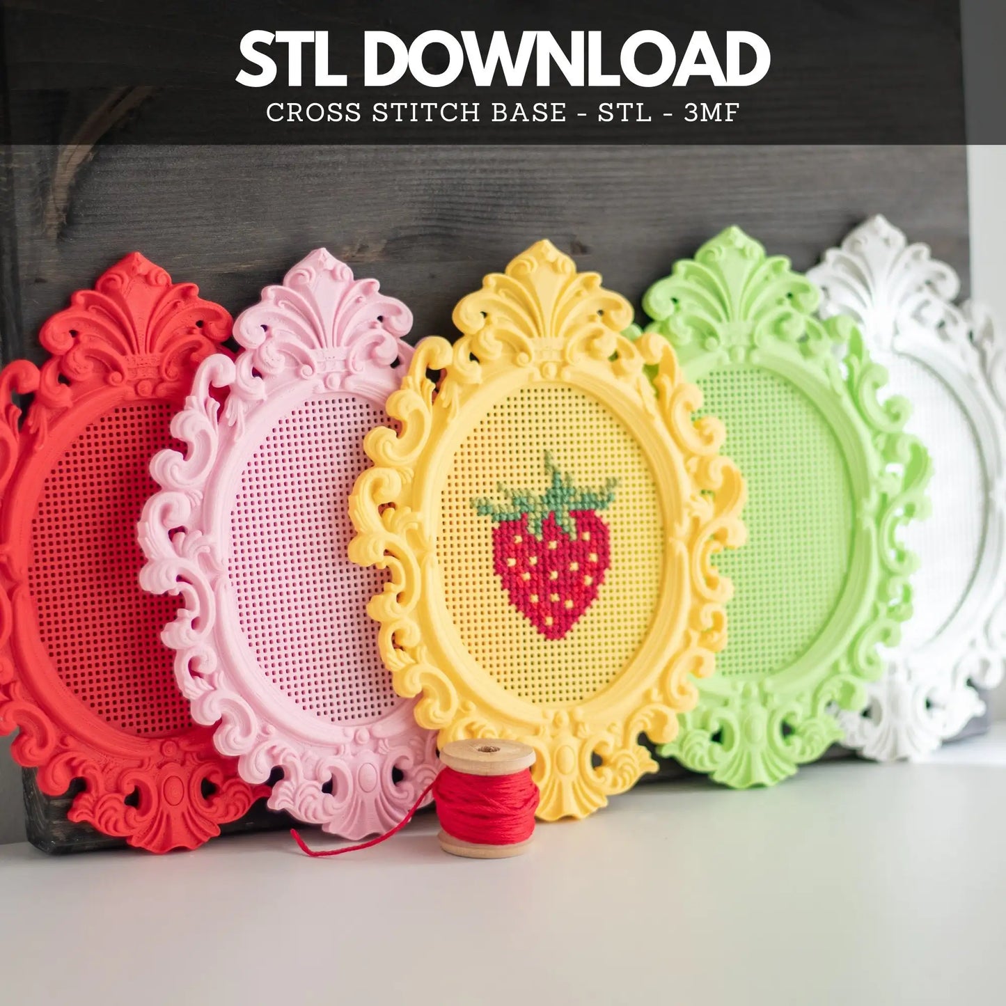Baroque oval cross stitch frame STL file for 3D printing with built-in stitchable grid