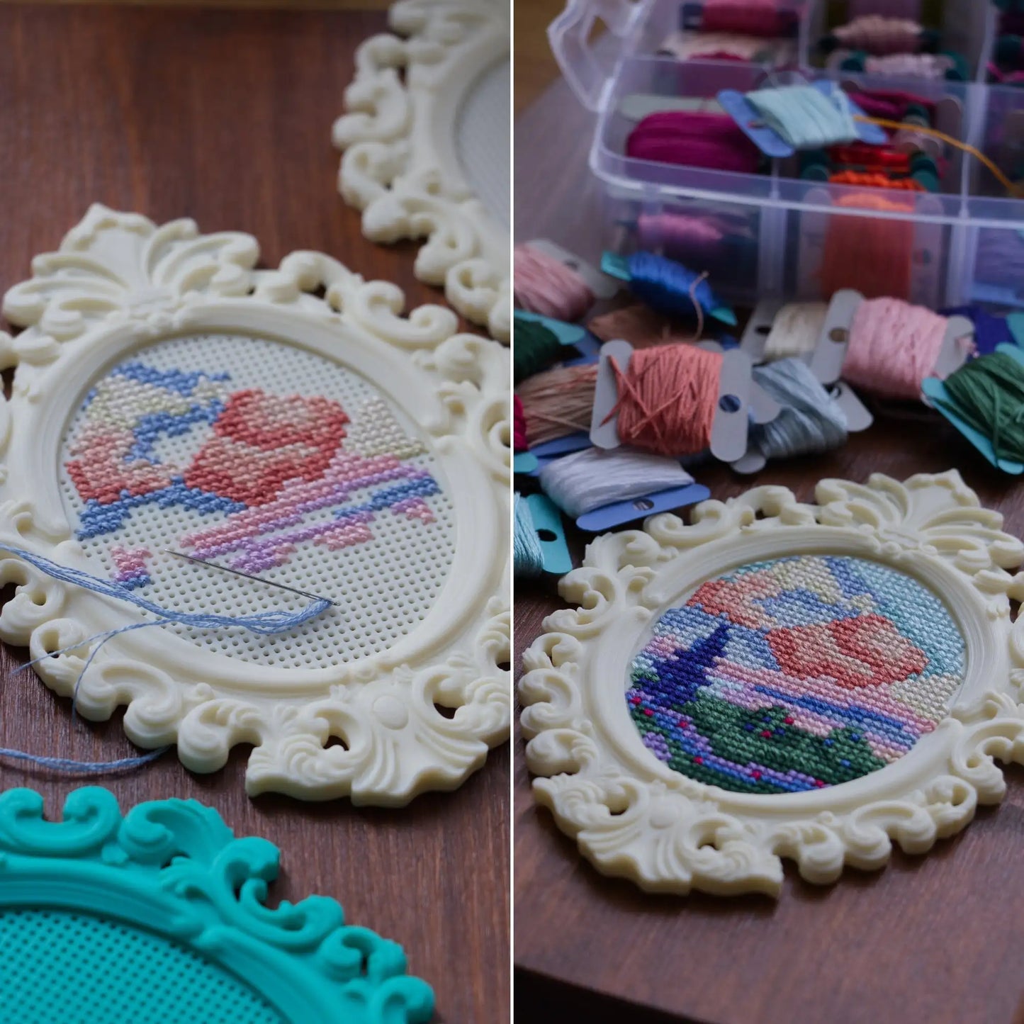 Baroque oval cross stitch frame showing the stitching process and finished landscape design