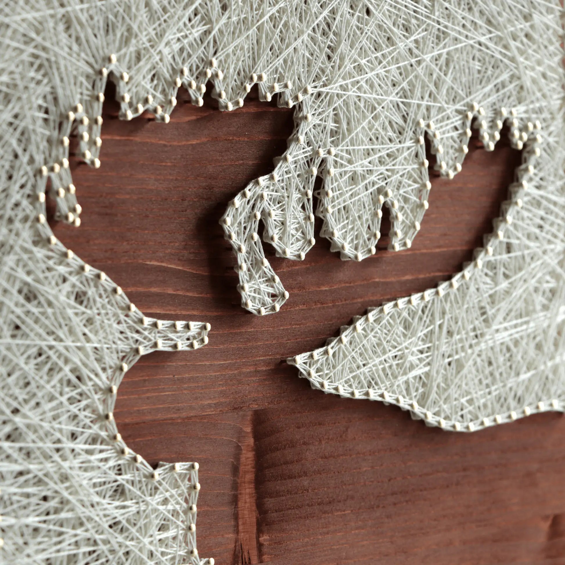 Close-up of the moose silhouette string art showing the head and antlers formed with ivory thread and nails on a stained wooden base, highlighting the detailed stringing of a DIY string art kit for adults.