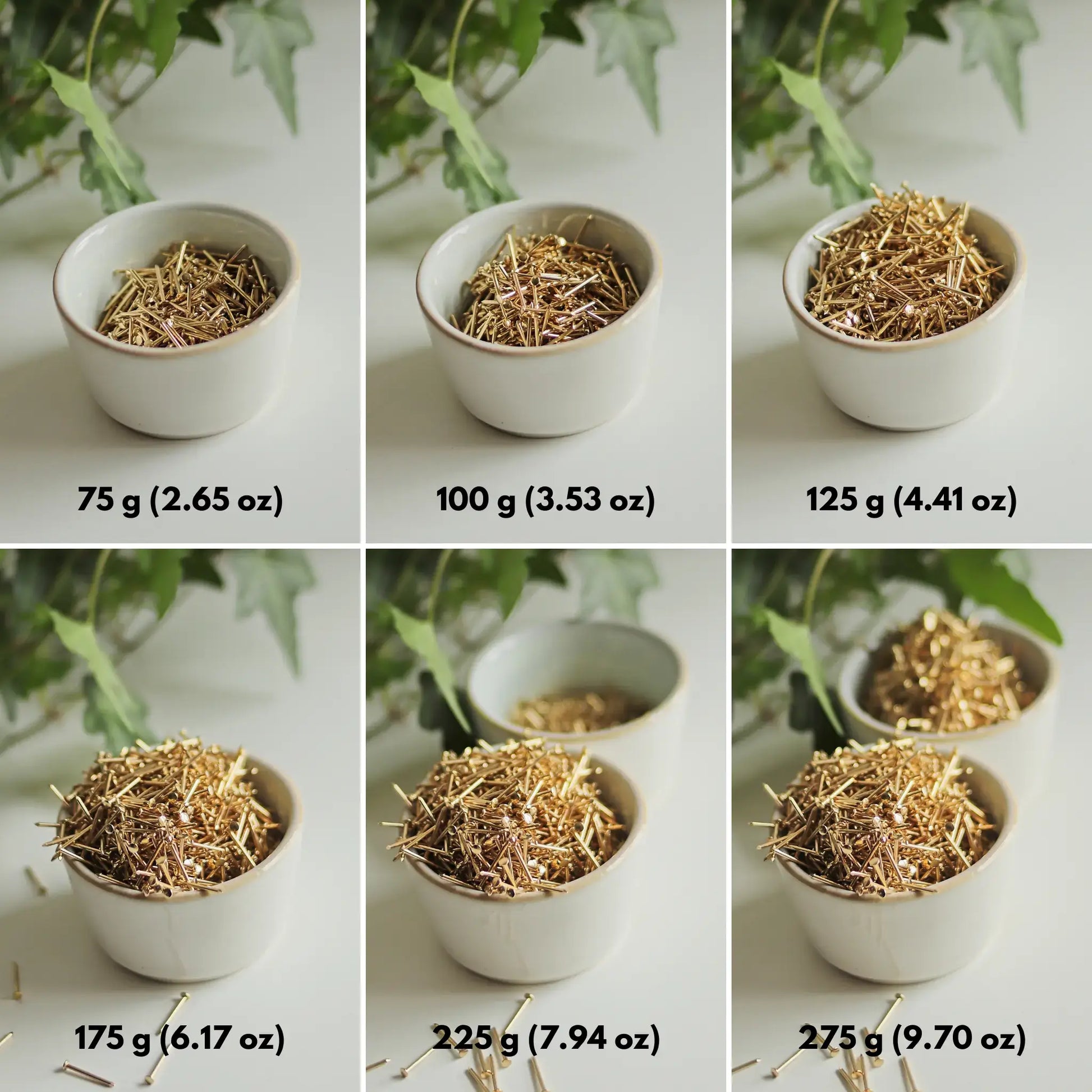 String art nails shown in different pack sizes, labeled in grams and ounces — 75 g to 275 g options for DIY craft projects.