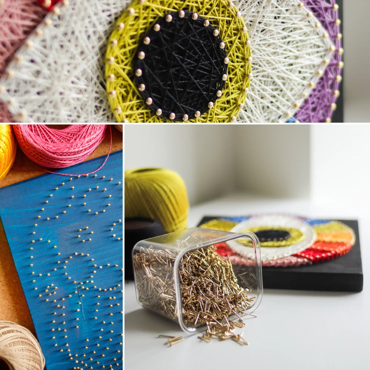 Examples of finished string art projects using premium brass-plated nails — colorful threads on wood bases for DIY crafts.