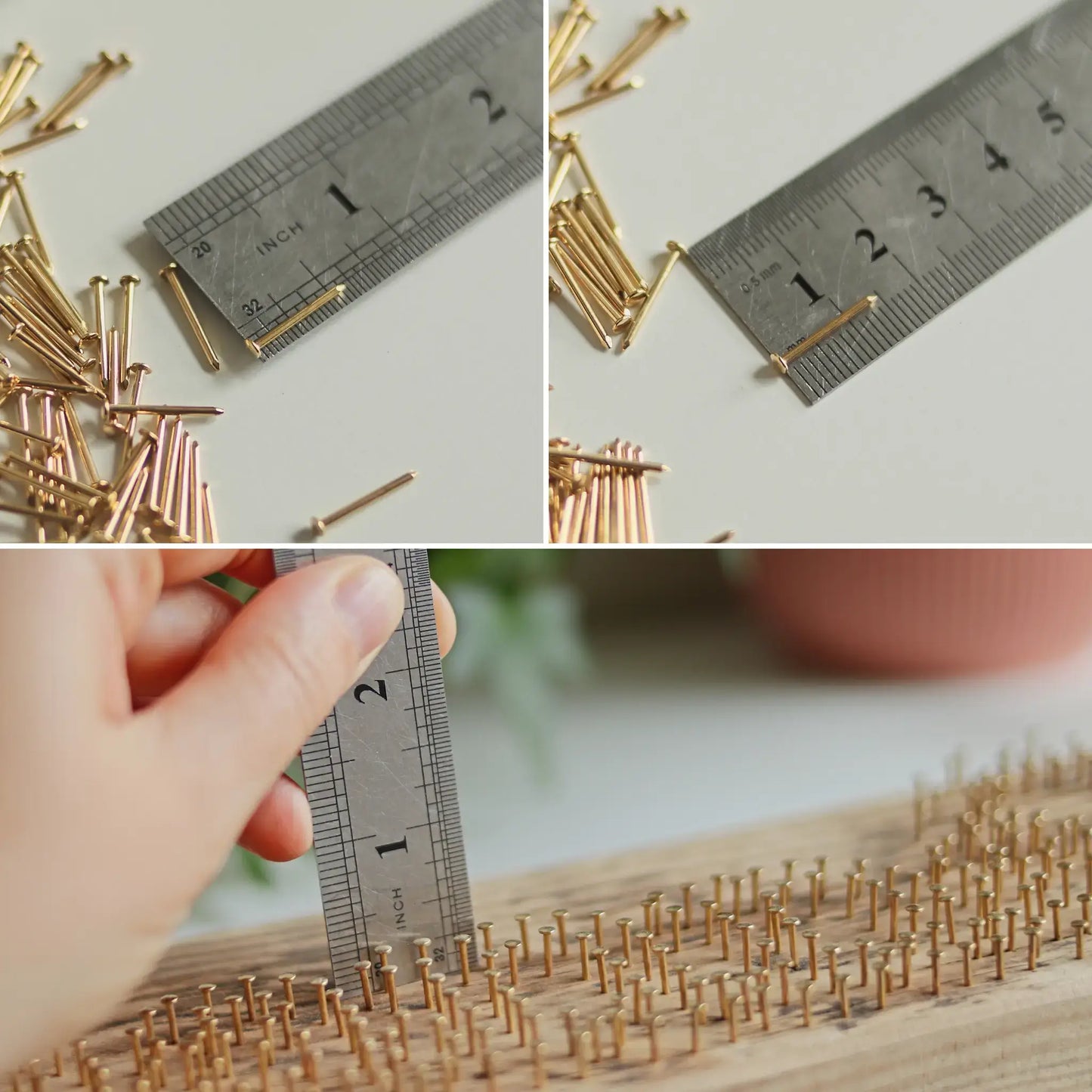 String art nails measured with ruler for size accuracy — 15 mm brass-plated nails tested for strength and consistency.