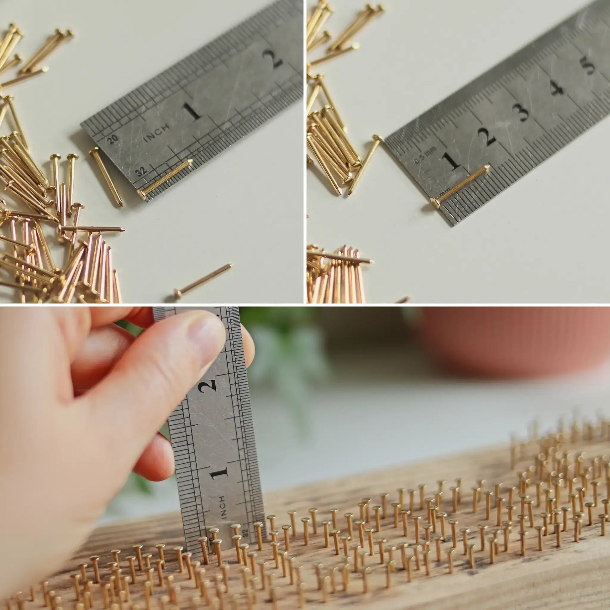 String art nails measured with ruler for size accuracy — 15 mm brass-plated nails tested for strength and consistency.
