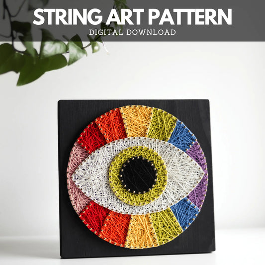 Detailed Third Eye string art pattern with a vivid rainbow design, ideal for adding a pop of color and mysticism to any room.