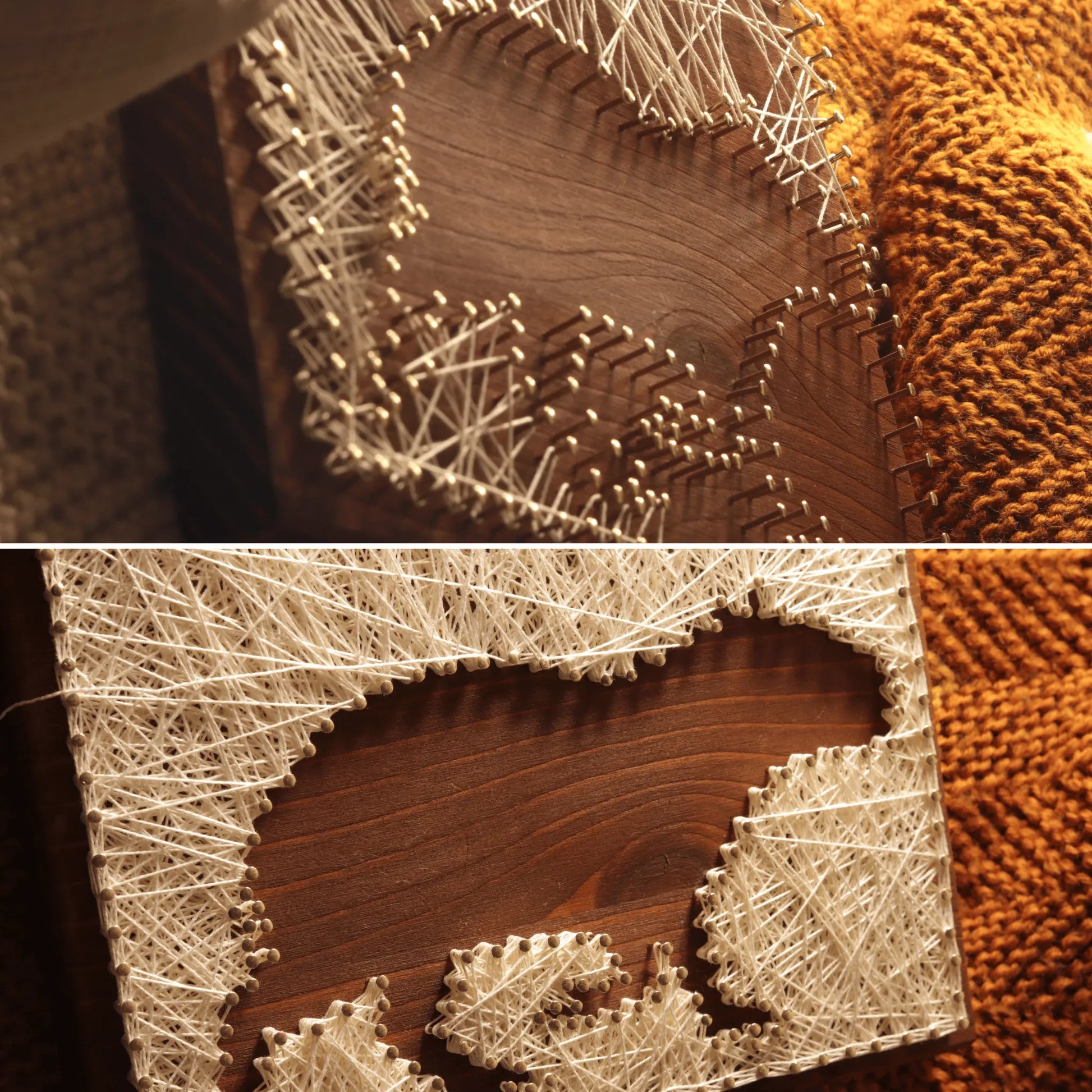 the process of making capybara silhouette string art sign on a brown background on tabletop made from ivory threads