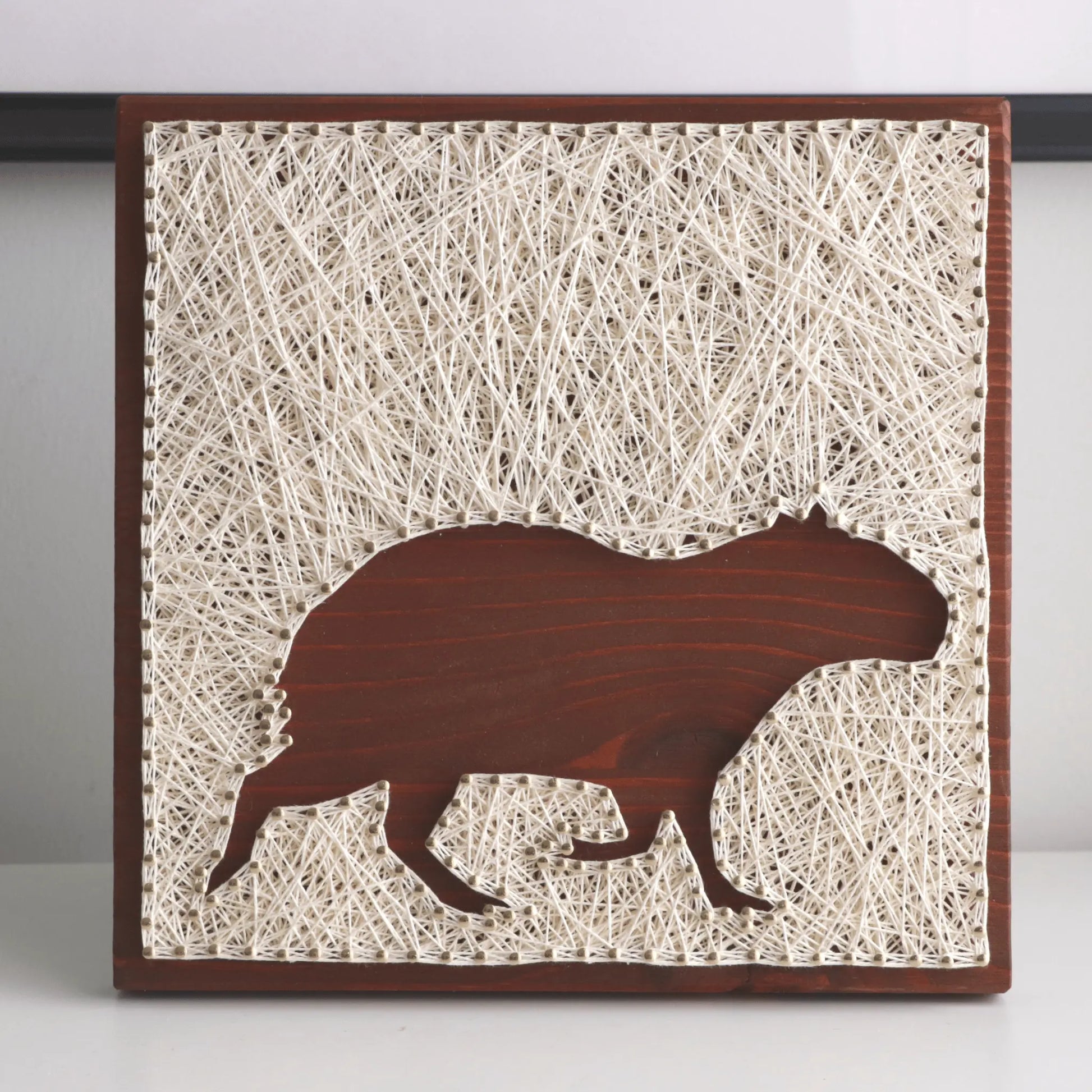 Artistic depiction of a capybara silhouette on string art with a wooden frame.
