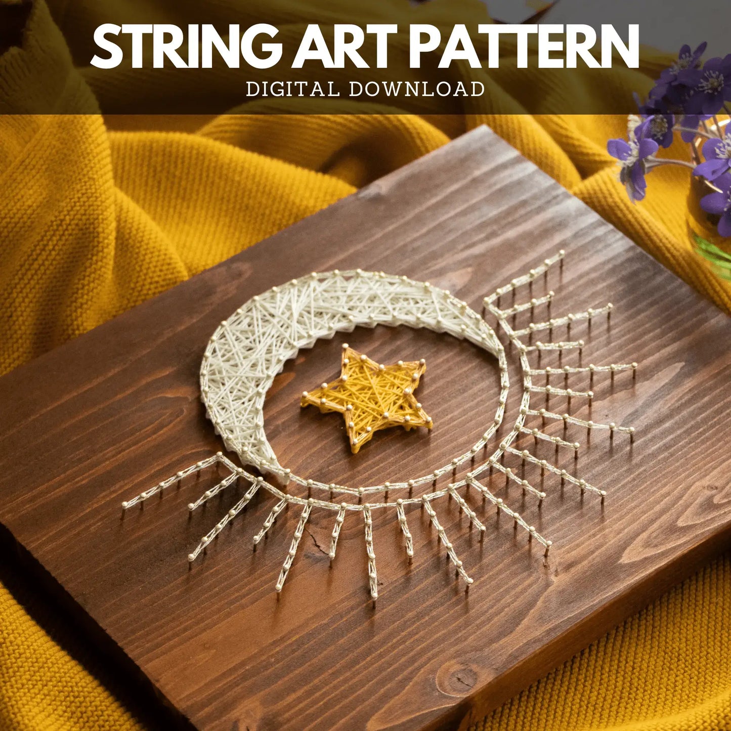 Sun, moon, and star string art pattern displayed on a wooden board with detailed sunray-inspired threading and a central star design.