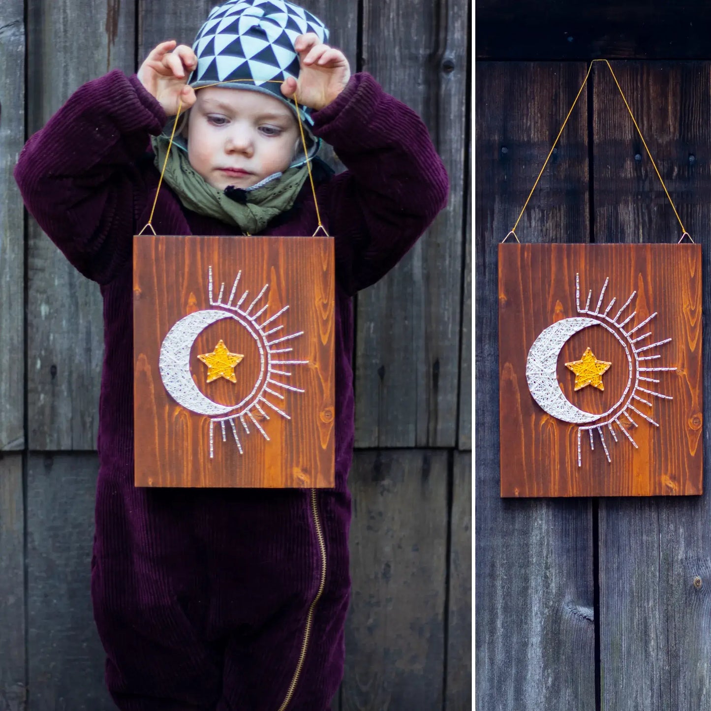 Child holding a wooden sun, moon, and star string art design featuring a crescent moon and yellow star, with a close-up hanging view on a rustic wall.