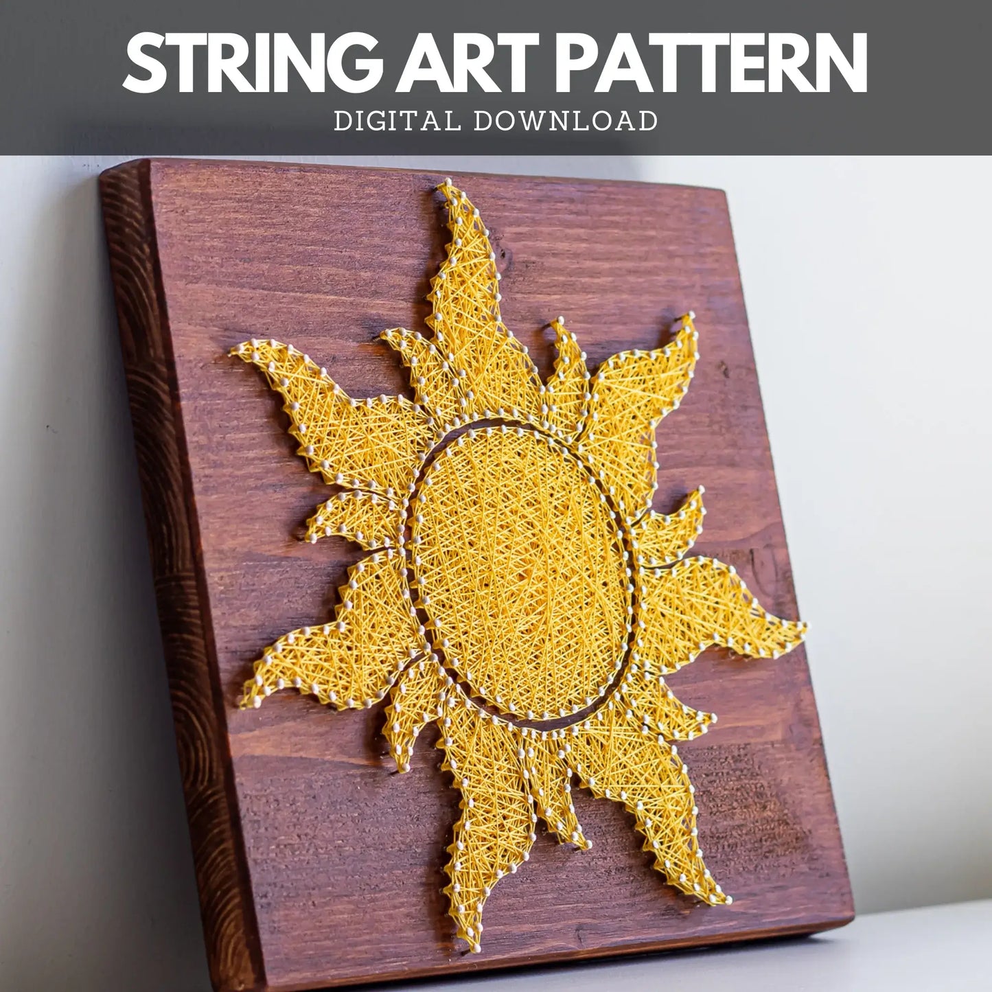 Side view of a vibrant yellow sun string art design on a wooden background, perfect for adding a touch of sunshine to any space. Available as a digital pattern.