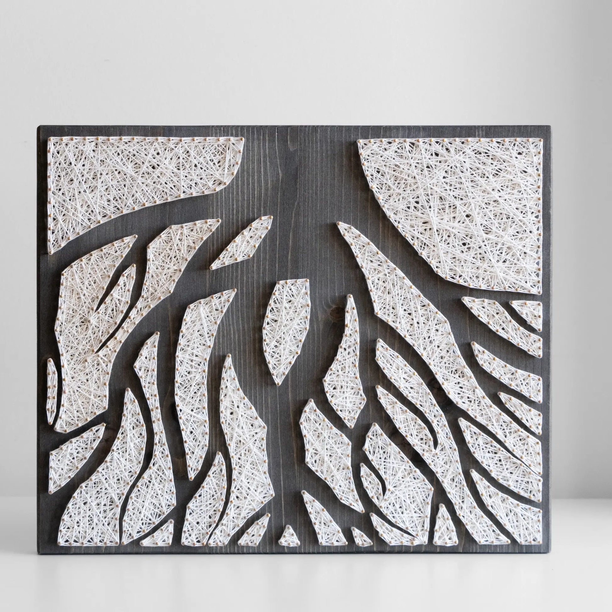 Front-facing shot of the completed tree roots string art on a dark wooden board, highlighting the geometric design formed by white strings.