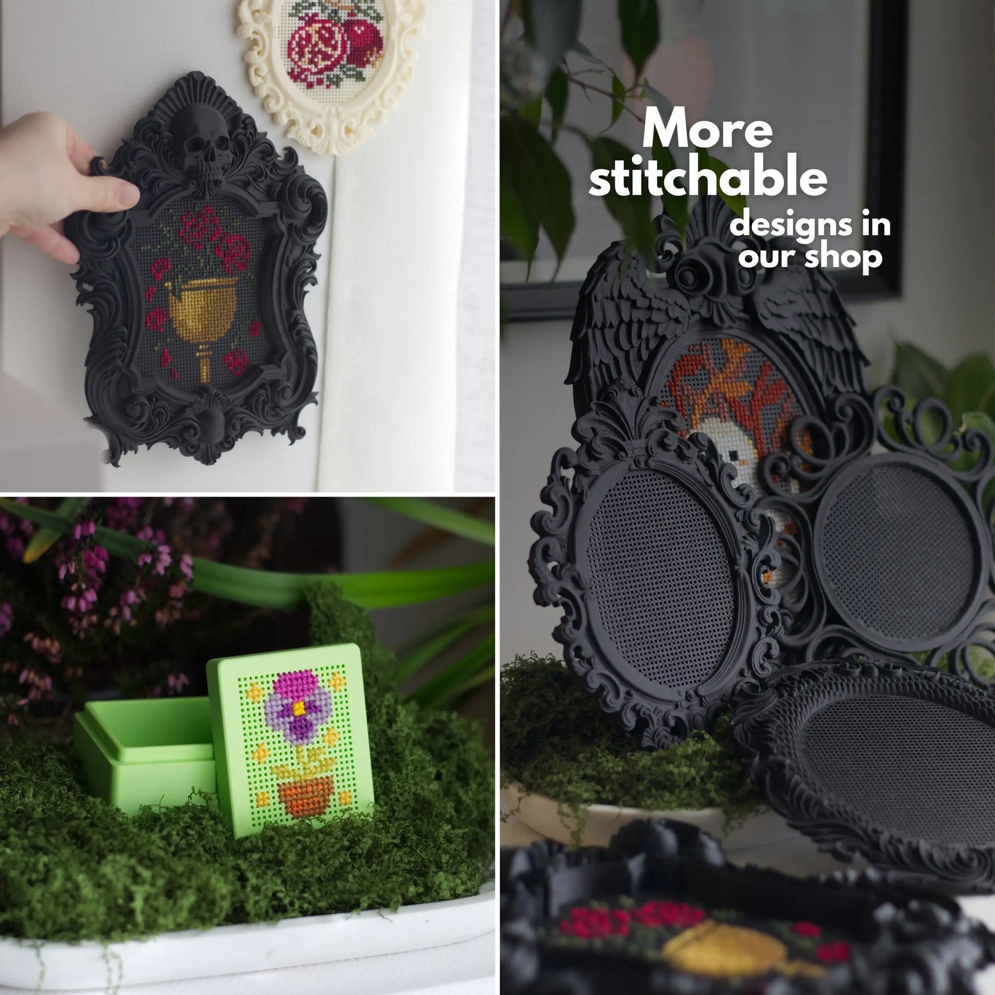 Collage of more stitchable cross stitch frame designs available in shop showing gothic skull frame, mini green frame with flower embroidery, and angel wing oval frames with ornate baroque borders
