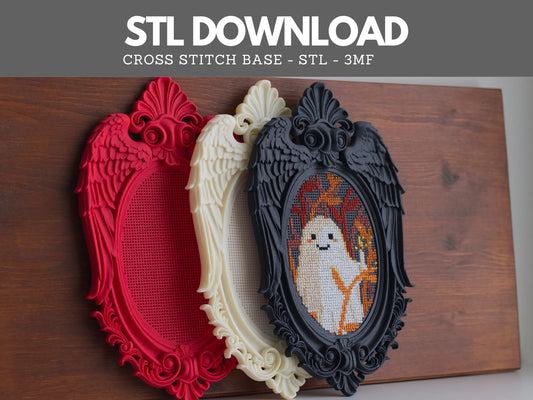 Angel wing cross stitch frame STL download – three 3D printed frames in red, cream and black, one stitched with a ghost