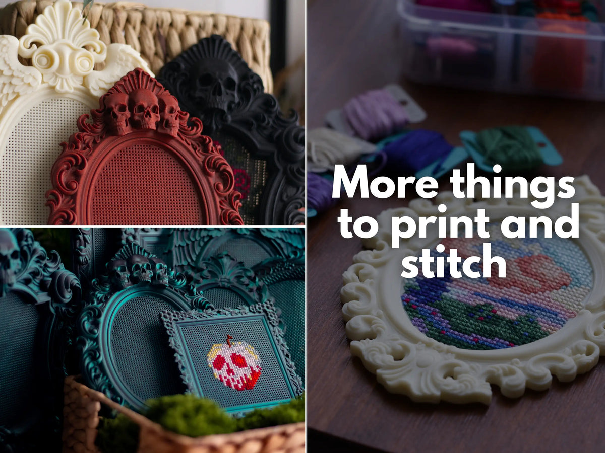 More GoodStrings STL frames to print and stitch – skull, baroque and gothic cross stitch frames in several colors